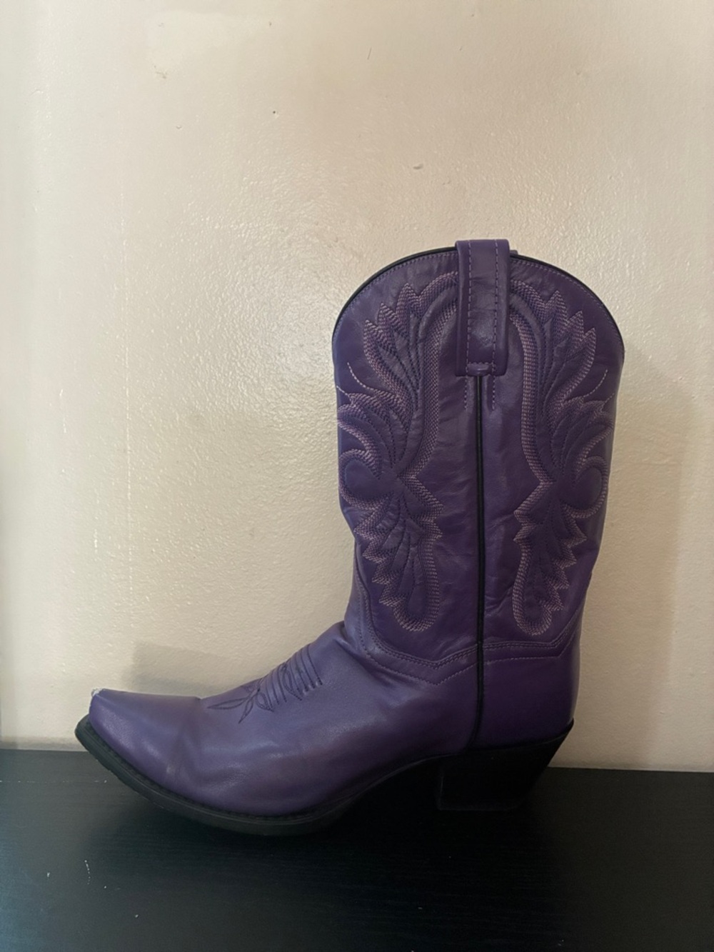 Purple Vintage Embroidered Mid-Calf Cowgirl Boots with Chunky Heels